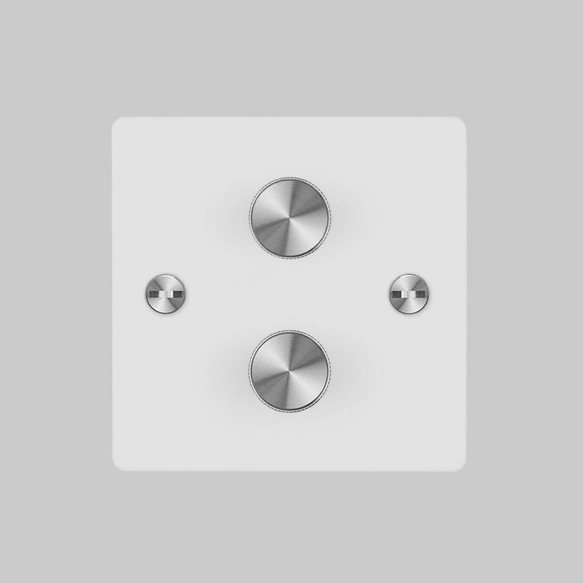 Two Gang 2 Way Dimmer Light Switch in White with Steel Cross Cut Knurled Knob