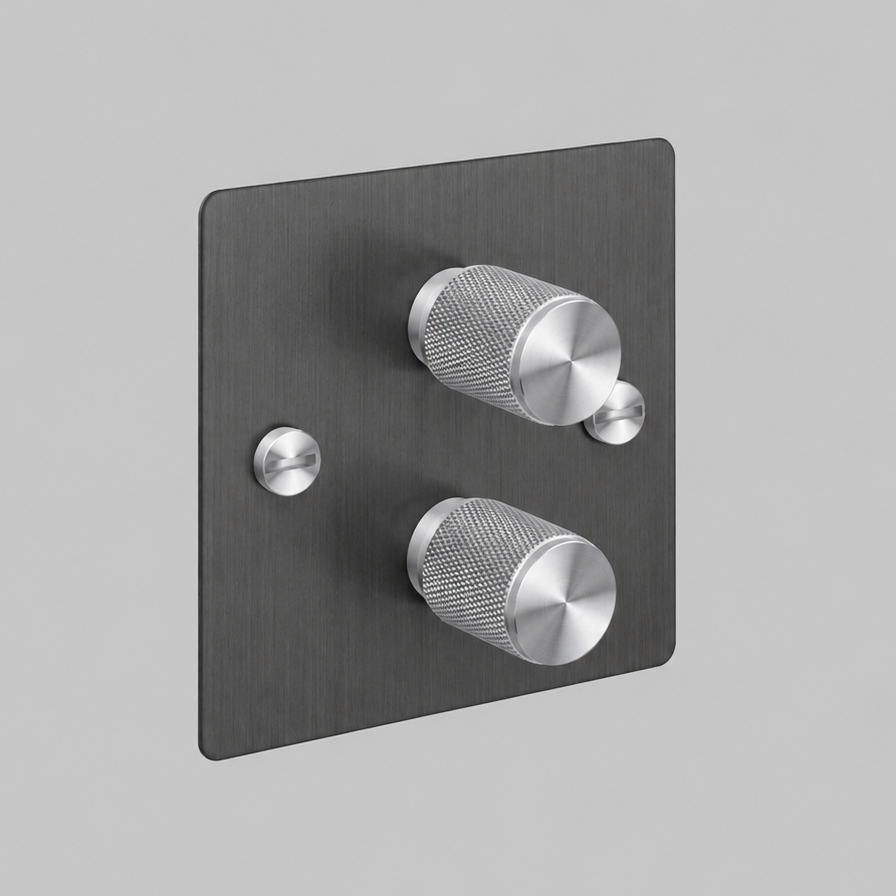 Two Gang 2 Way Dimmer Light Switch in Smoked Bronze with Steel Cross Cut Knurled Knob
