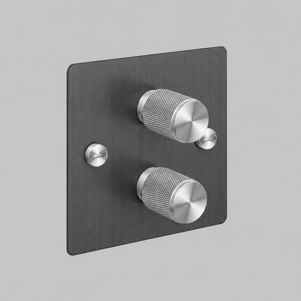 Two Gang 2 Way Dimmer Light Switch in Smoked Bronze with Steel Cross Cut Knurled Knob