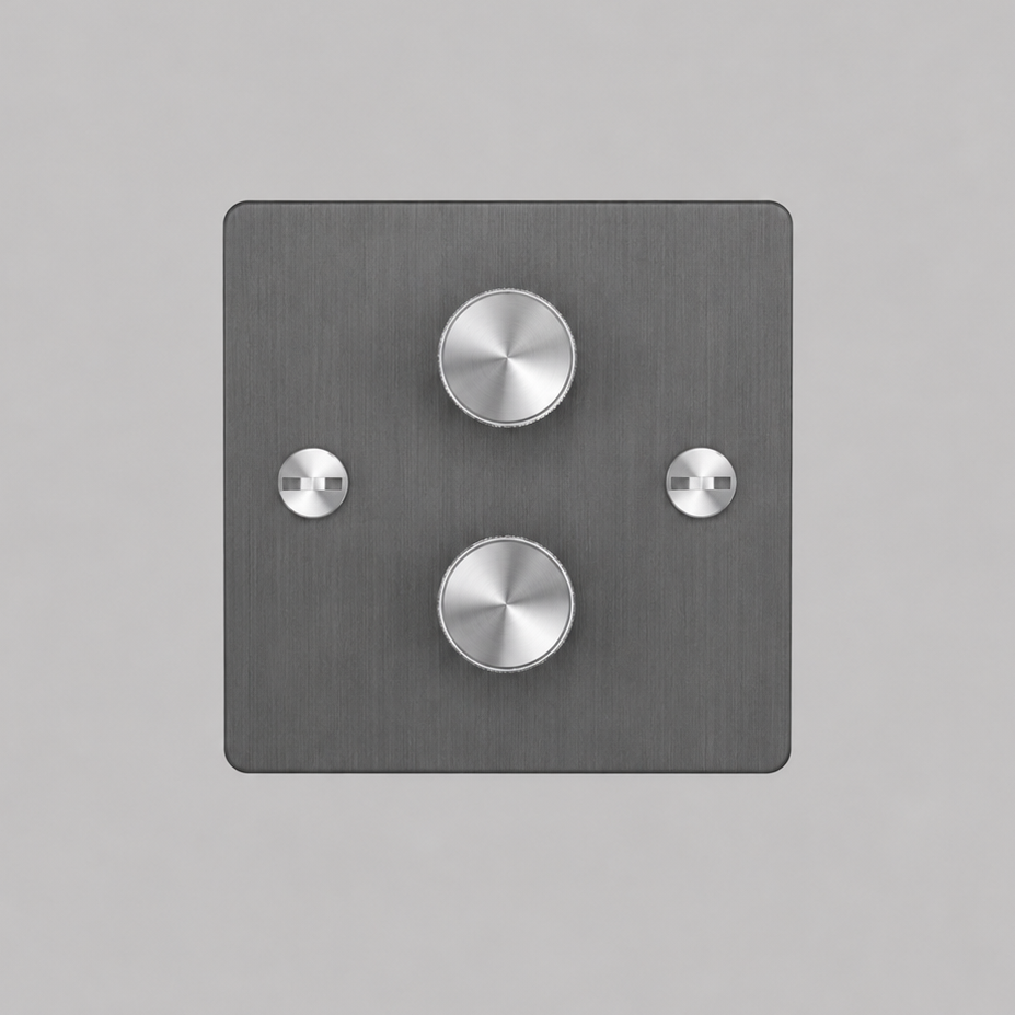 Two Gang 2 Way Dimmer Light Switch in Smoked Bronze with Steel Cross Cut Knurled Knob