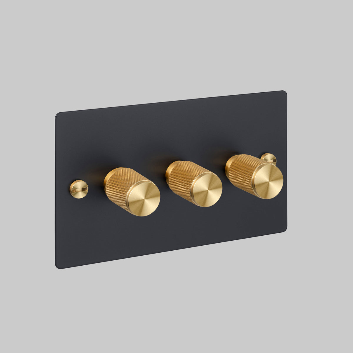 Three Gang 2 Way Dimmer Light Switch in Black with Brass Cross Cut Knurled Knobs
