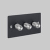 Three Gang 2 Way Dimmer Light Switch in Black with Steel Cross Cut Knurled Knobs