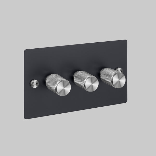Three Gang 2 Way Dimmer Light Switch in Black with Steel Cross Cut Knurled Knobs