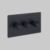 Three Gang 2 Way Dimmer Light Switch in Black with Cross Cut Knurled Knobs