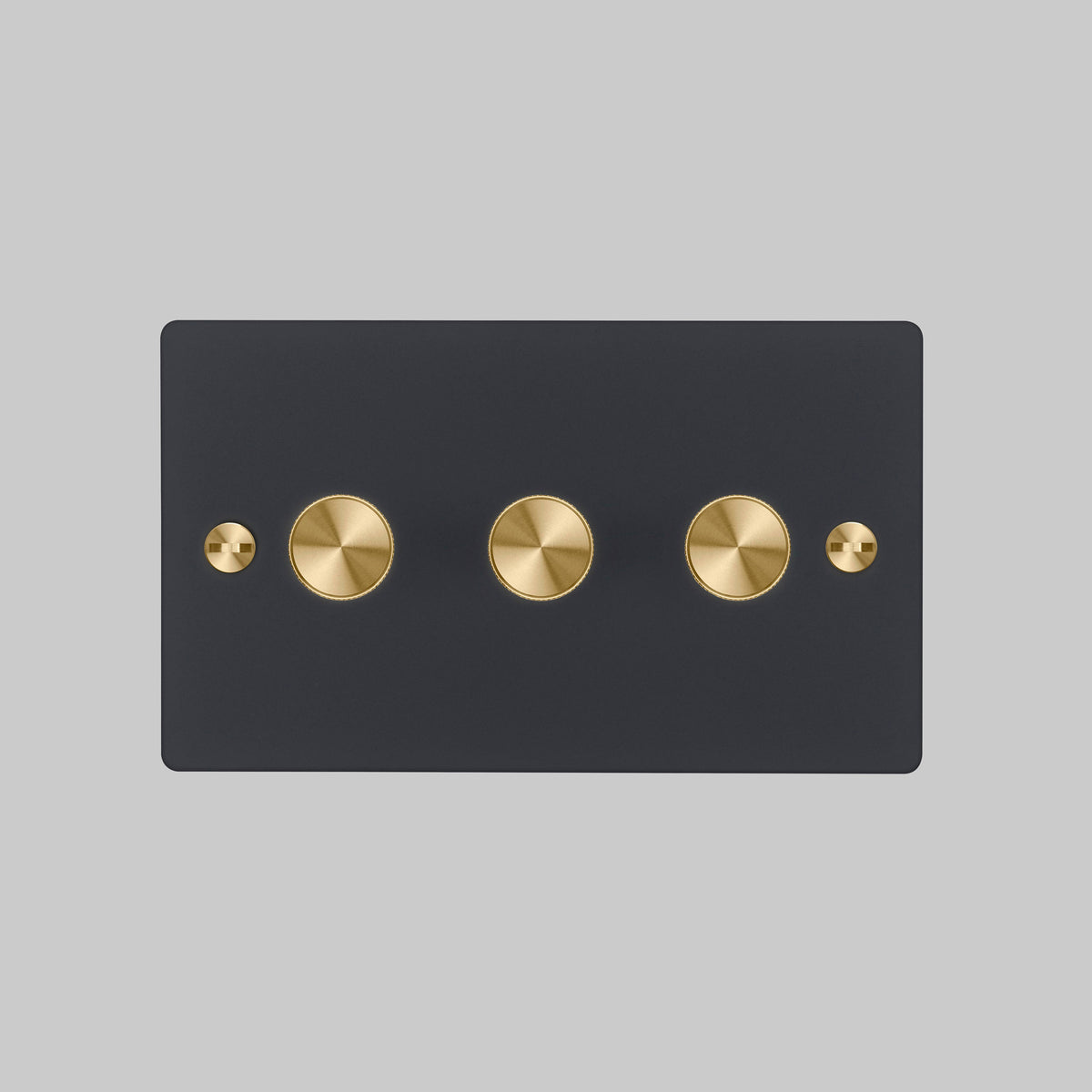 Three Gang 2 Way Dimmer Light Switch in Black with Brass Cross Cut Knurled Knobs