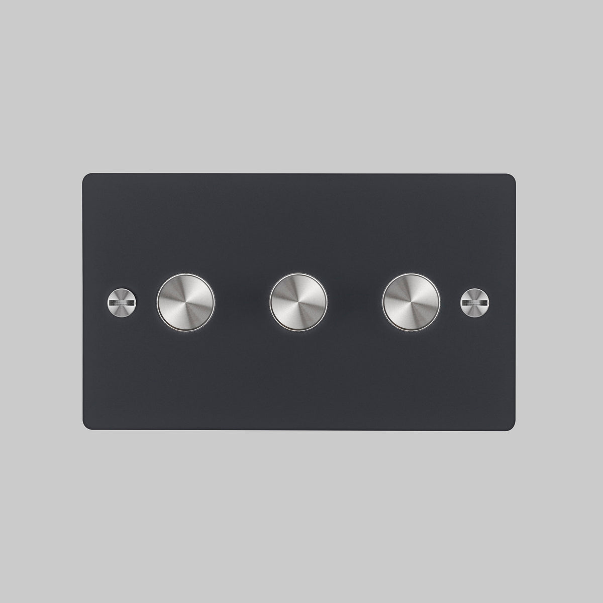Three Gang 2 Way Dimmer Light Switch in Black with Steel Cross Cut Knurled Knobs