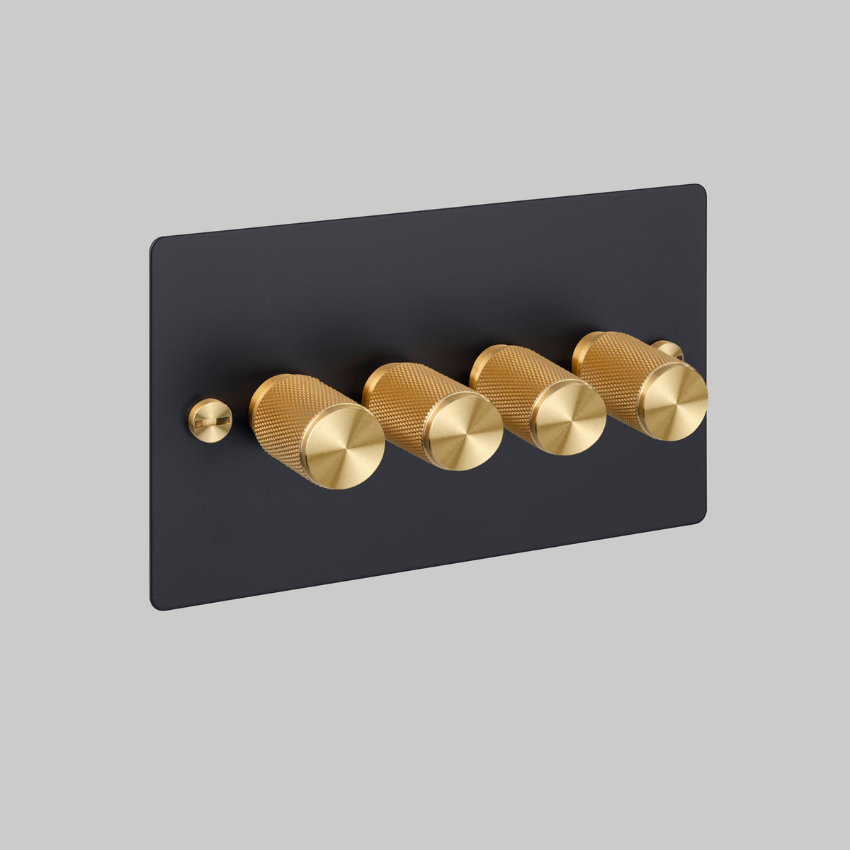 Four Gang 2 Way Dimmer Light Switch in Black with Brass Cross Cut Knurled Knobs