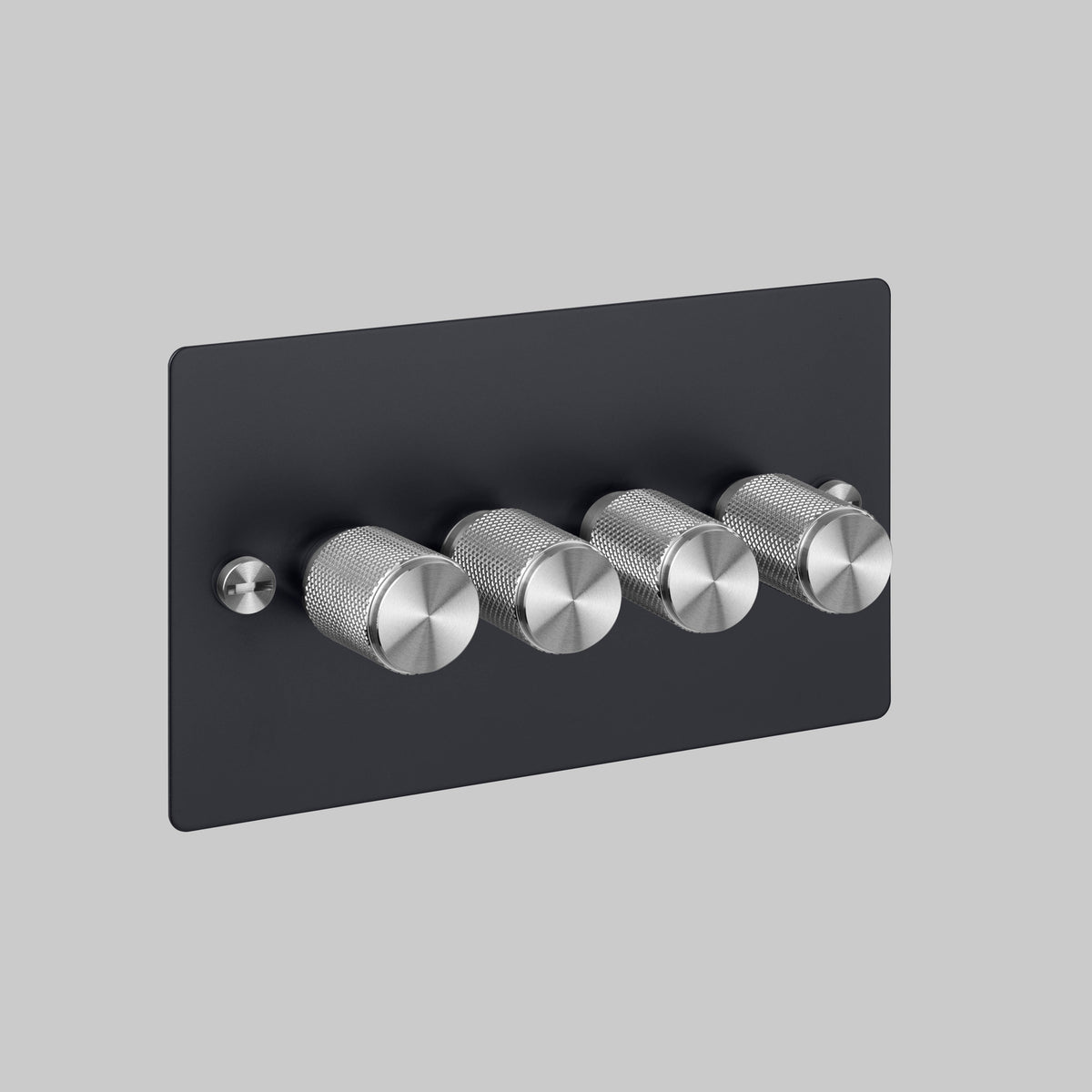 Four Gang 2 Way Dimmer Light Switch in Black with Steel Cross Cut Knurled Knobs
