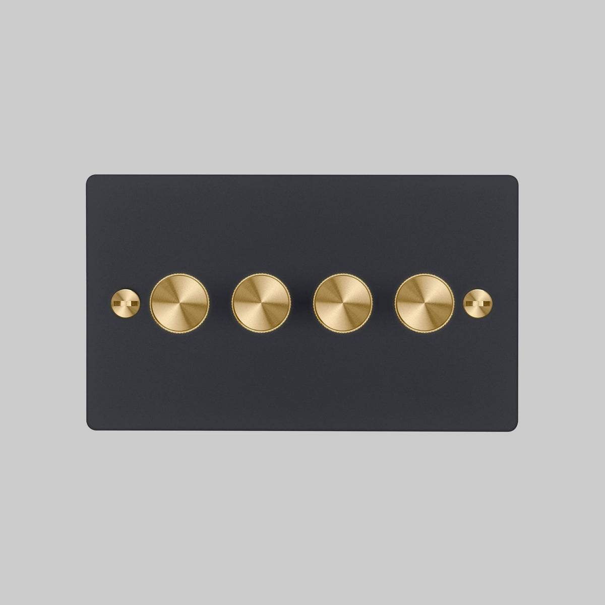 Four Gang 2 Way Dimmer Light Switch in Black with Brass Cross Cut Knurled Knobs