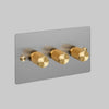 Three Gang 2 Way Dimmer Light Switch in Steel with Brass Cross Cut Knurled Knobs