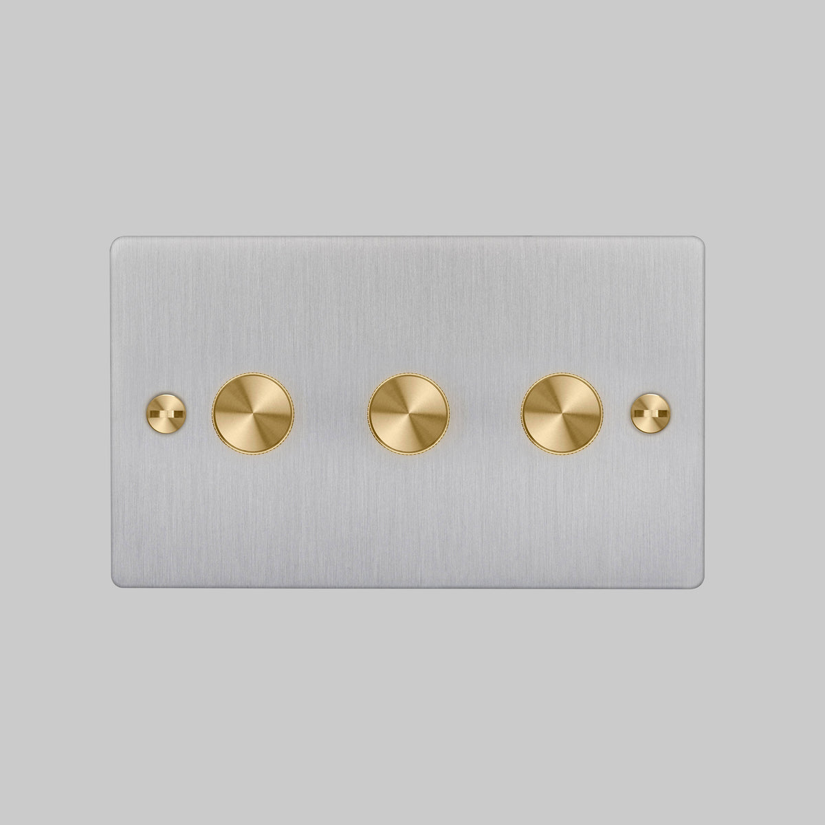 Three Gang 2 Way Dimmer Light Switch in Steel with Brass Cross Cut Knurled Knobs