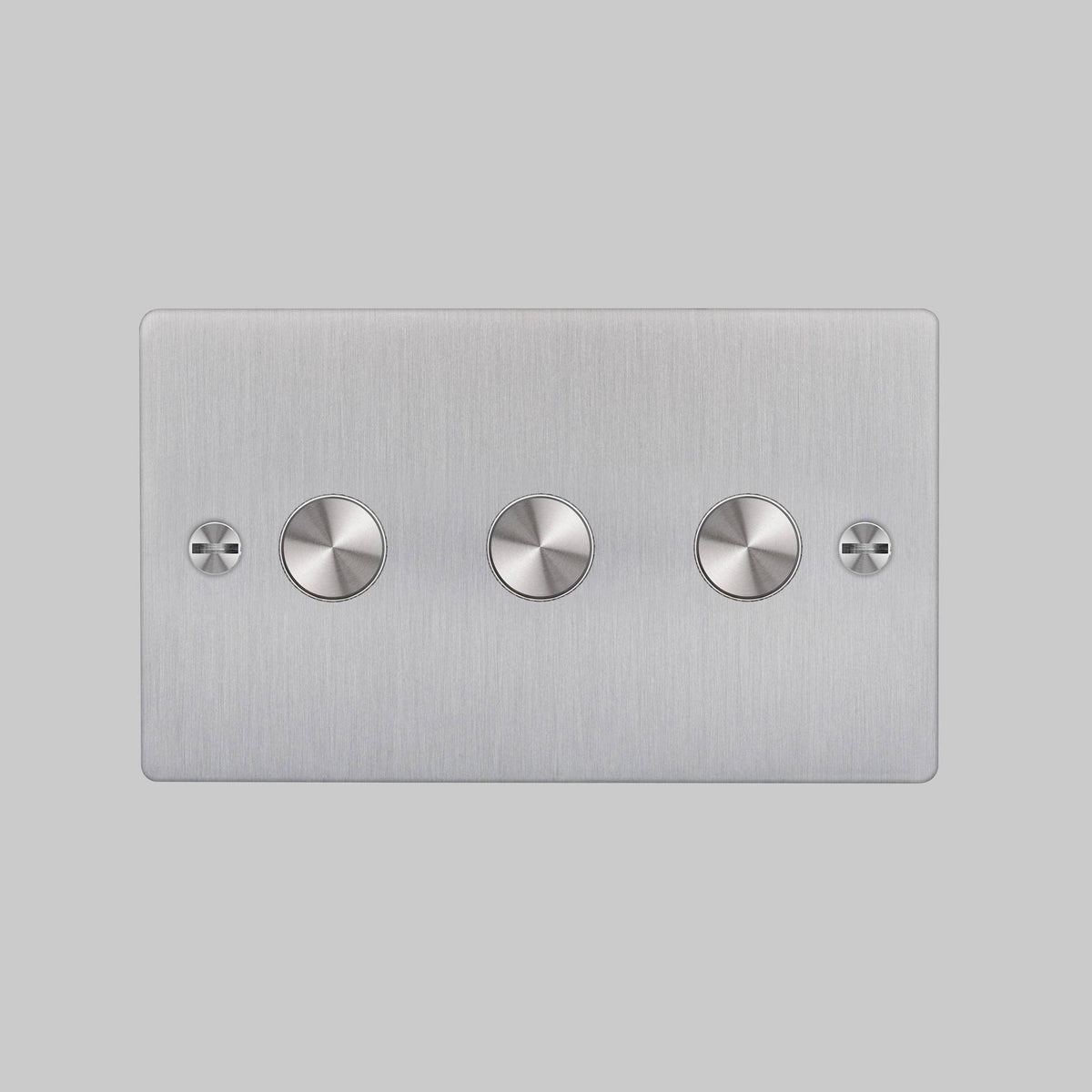 Brushed stainless steel 3-gang dimmer switch with three rotary knobs and two small screws