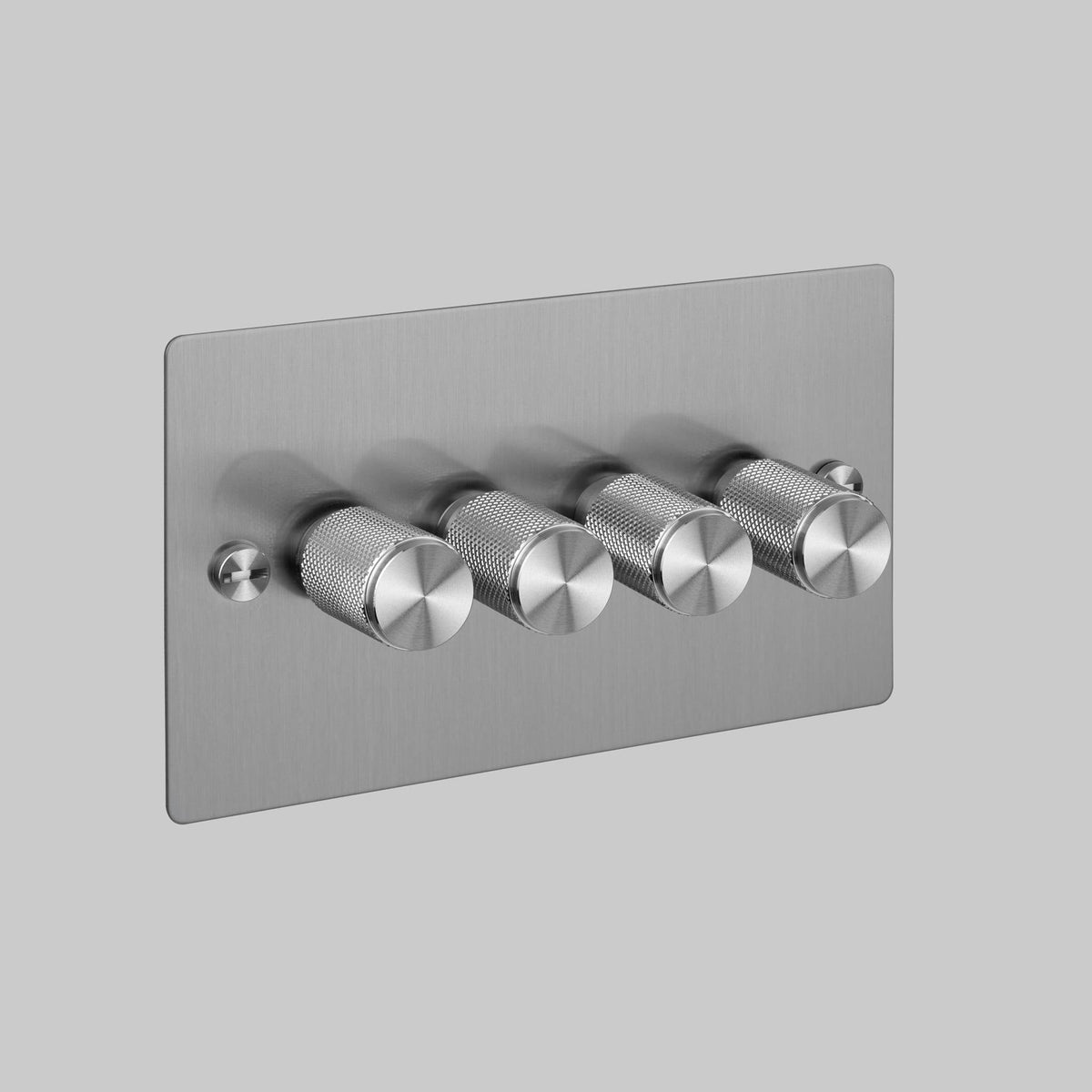 Brushed metal light dimmer switch with four knurled rotary knobs
