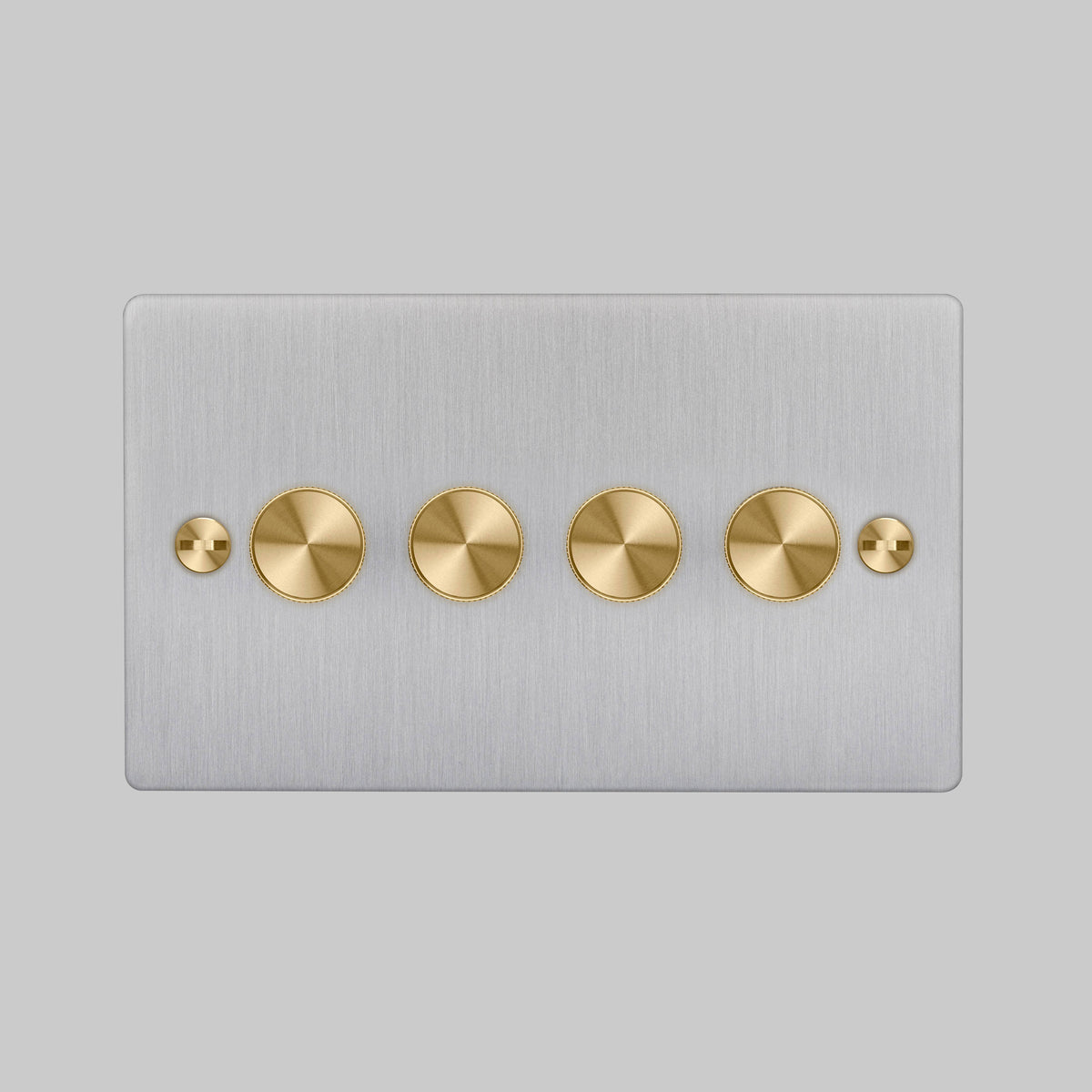Four Gang 2 Way Dimmer Light Switch in Steel with Brass Cross Cut Knurled Knobs