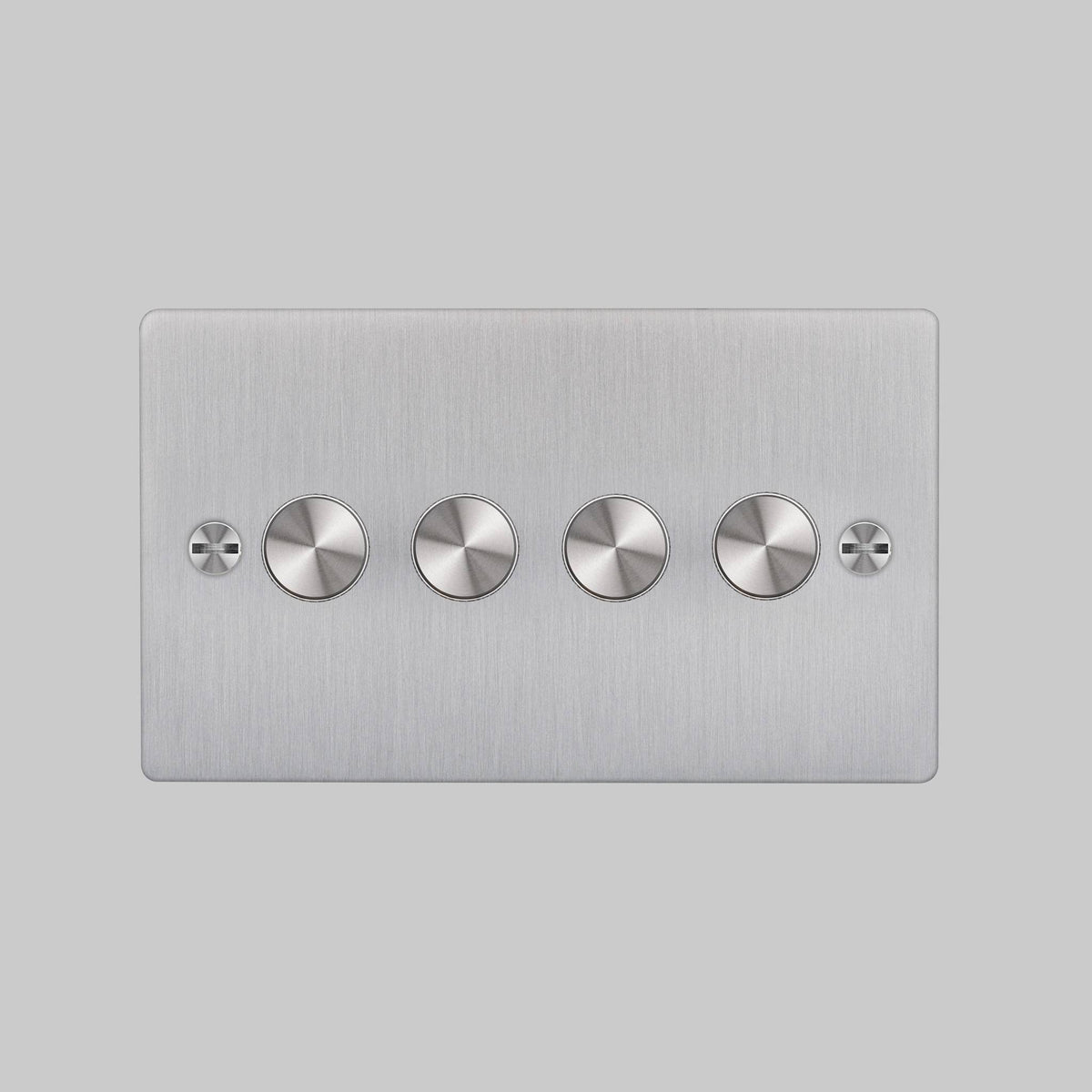 Brushed stainless steel 4-gang dimmer switch with four rotary knobs and two screw fixings