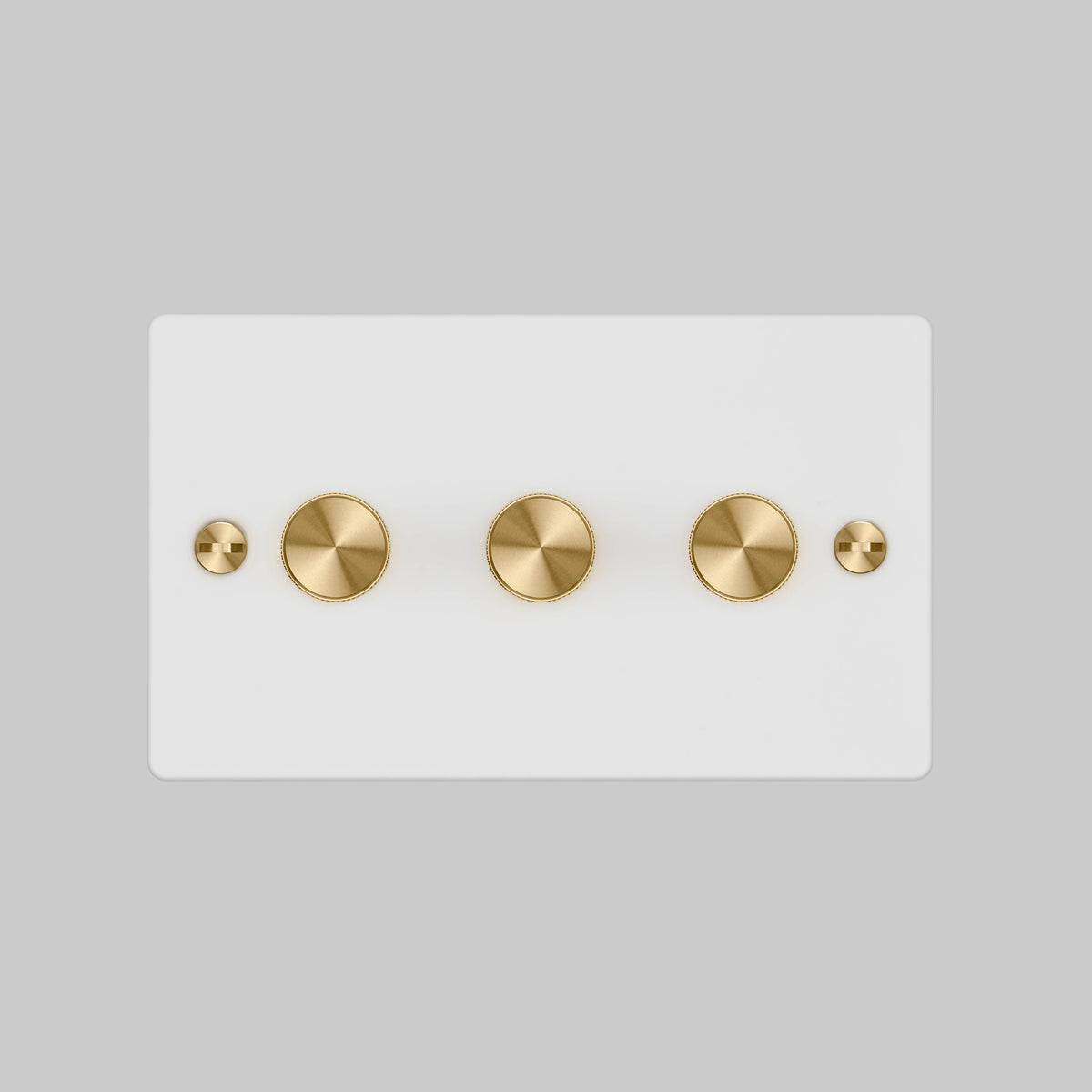 Three Gang 2 Way Dimmer Light Switch in White with Brass Cross Cut Knurled Knobs