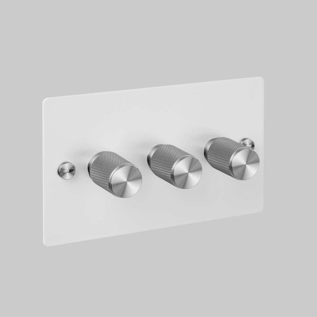 Three Gang 2 Way Dimmer Light Switch in White with Steel Cross Cut Knurled Knobs