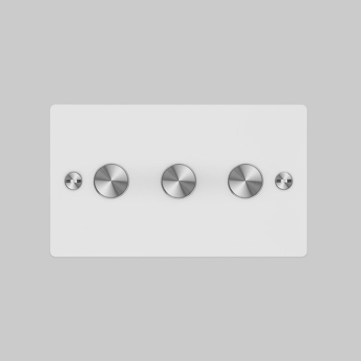 Three Gang 2 Way Dimmer Light Switch in White with Steel Cross Cut Knurled Knobs