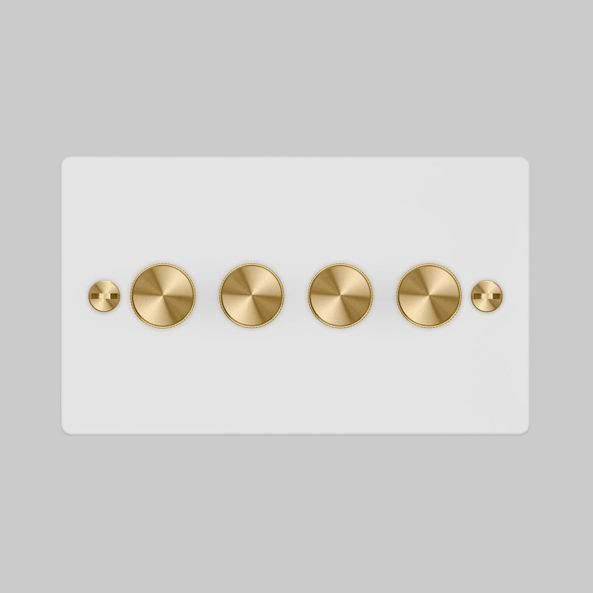 Four Gang 2 Way Dimmer Light Switch in White with Brass Cross Cut Knurled Knobs