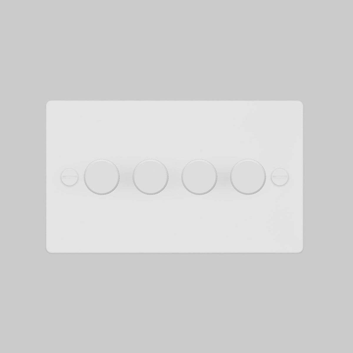 White rectangular light switch with four circular dimmer knobs and two screws, one on each side