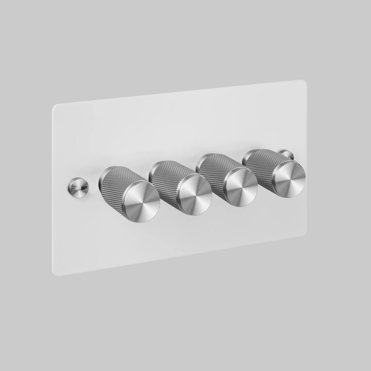 Four Gang 2 Way Dimmer Light Switch in White with Steel Cross Cut Knurled Knobs
