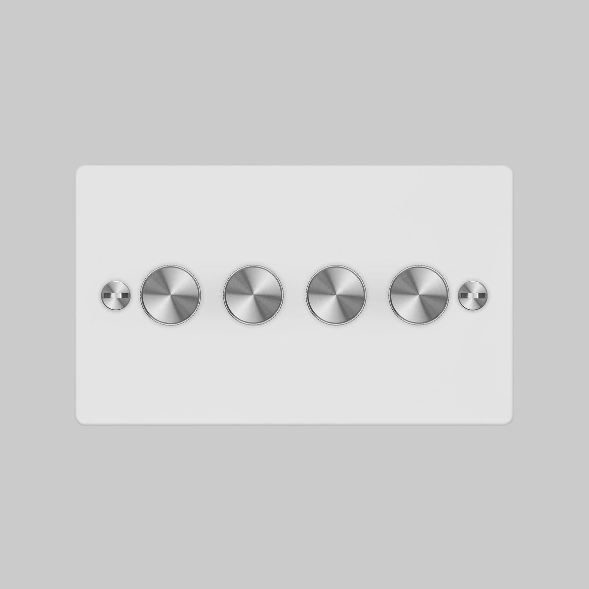 Four Gang 2 Way Dimmer Light Switch in White with Steel Cross Cut Knurled Knobs