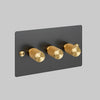 Three Gang 2 Way Dimmer Light Switch in Smoked Bronze with Brass Cross Cut Knurled Knobs