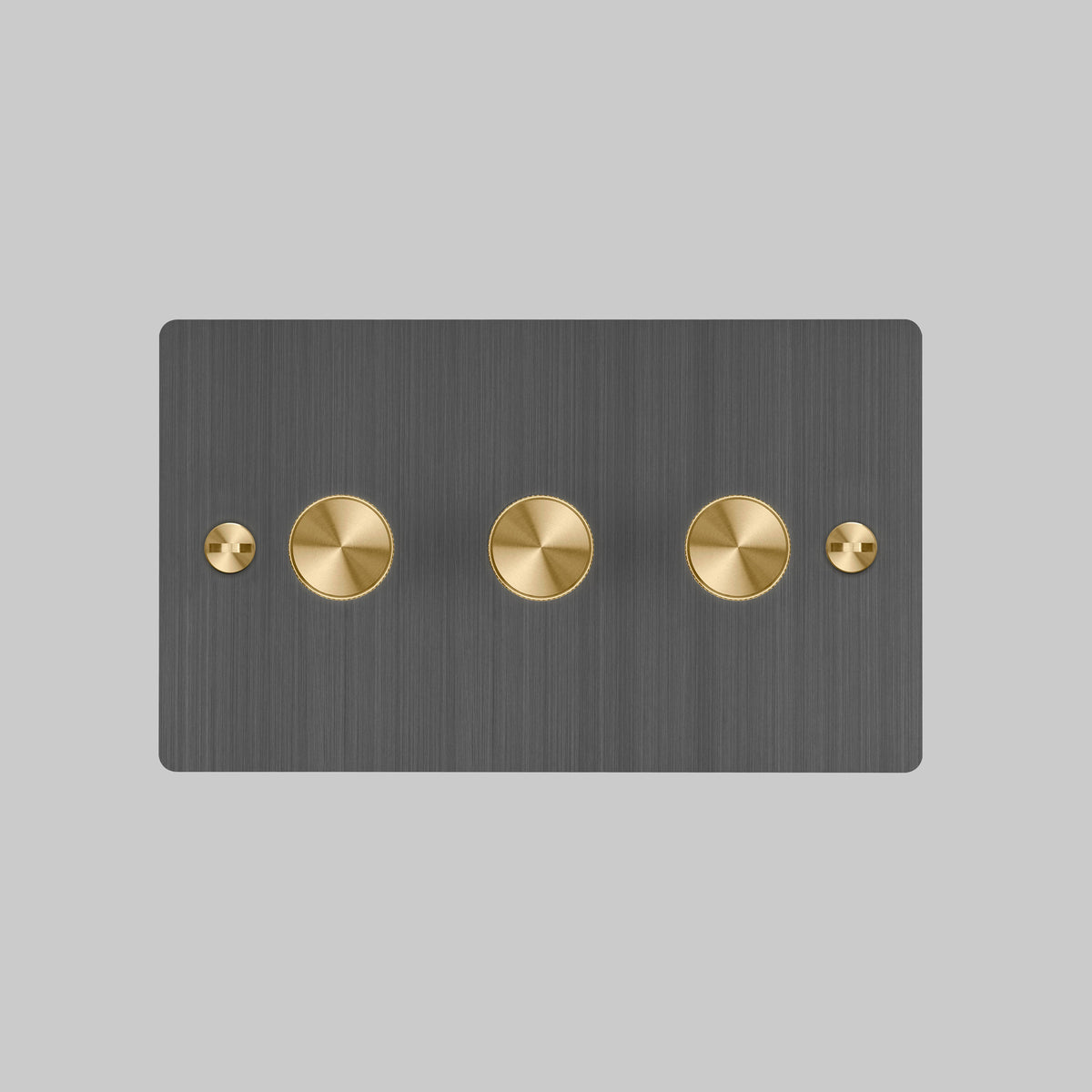Three Gang 2 Way Dimmer Light Switch in Smoked Bronze with Brass Cross Cut Knurled Knobs
