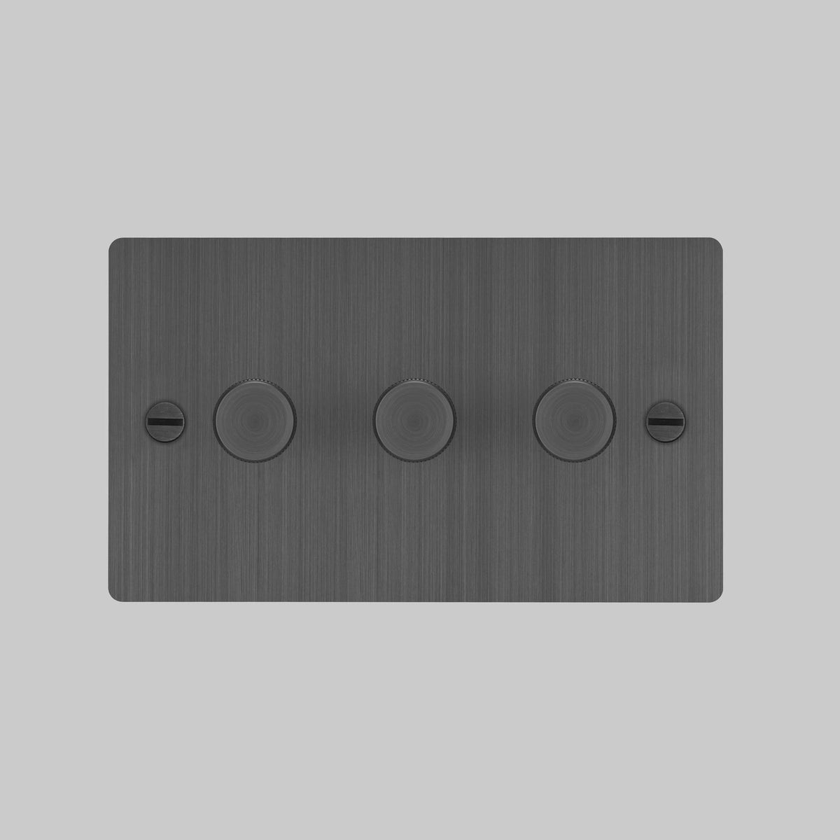 Brushed chrome 3-gang dimmer switch with two visible screws