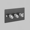 Three Gang 2 Way Dimmer Light Switch in Smoked Bronze with Steel Cross Cut Knurled Knobs