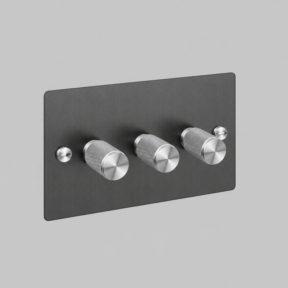 Three Gang 2 Way Dimmer Light Switch in Smoked Bronze with Steel Cross Cut Knurled Knobs