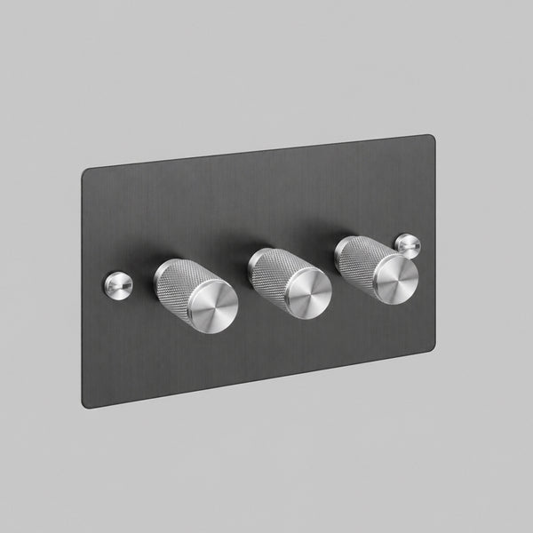 Three Gang 2 Way Dimmer Light Switch in Smoked Bronze with Steel Cross Cut Knurled Knobs