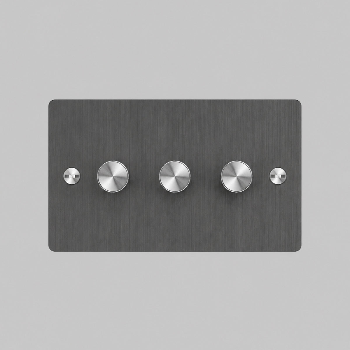 Three Gang 2 Way Dimmer Light Switch in Smoked Bronze with Steel Cross Cut Knurled Knobs
