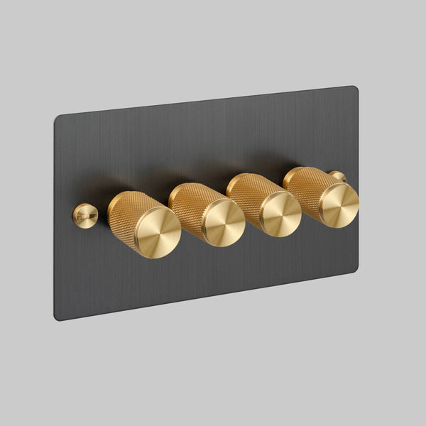 Four Gang 2 Way Dimmer Light Switch in Smoked Bronze with Brass Cross Cut Knurled Knobs
