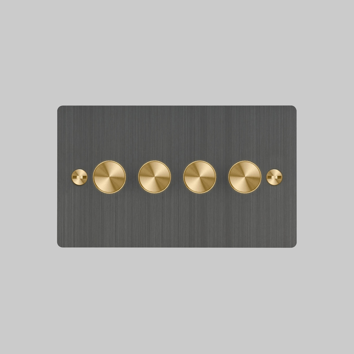 Four Gang 2 Way Dimmer Light Switch in Smoked Bronze with Brass Cross Cut Knurled Knobs