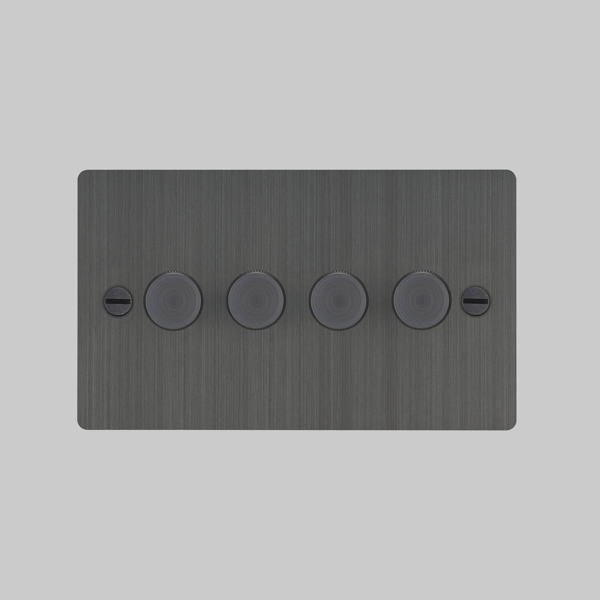 Brushed steel 4-gang dimmer switch with four circular dimmer knobs and two flathead screws