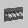 Four Gang 2 Way Dimmer Light Switch in Smoked Bronze with Steel Cross Cut Knurled Knobs