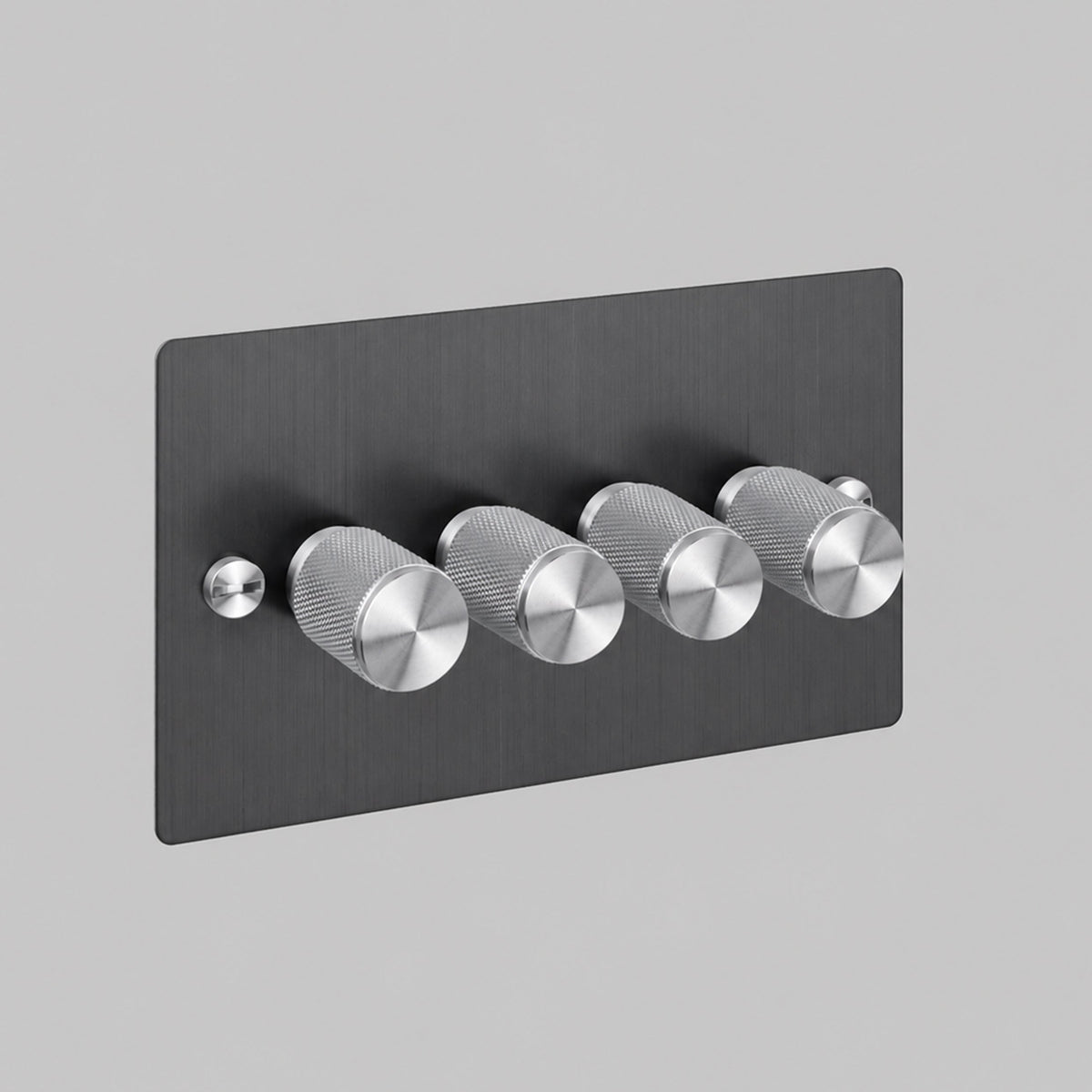 Four Gang 2 Way Dimmer Light Switch in Smoked Bronze with Steel Cross Cut Knurled Knobs