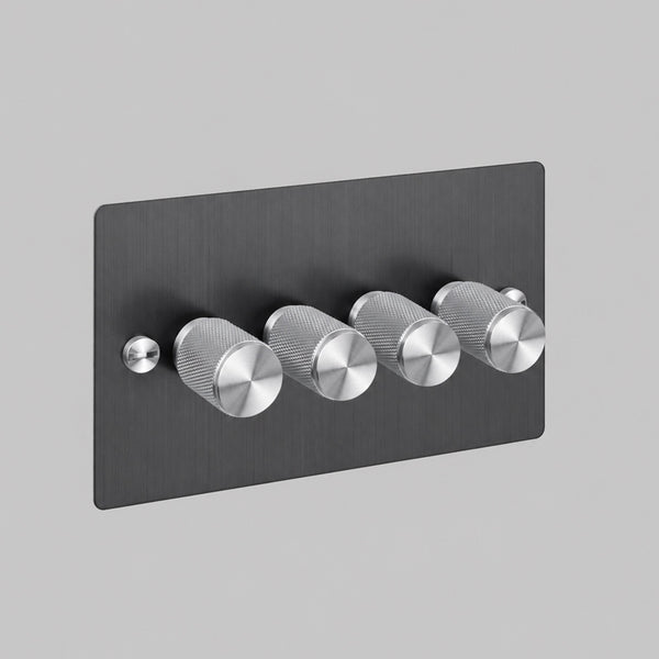 Four Gang 2 Way Dimmer Light Switch in Smoked Bronze with Steel Cross Cut Knurled Knobs