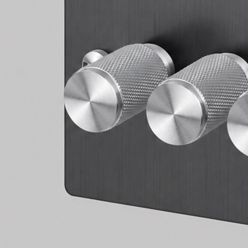 Four Gang 2 Way Dimmer Light Switch in Smoked Bronze with Steel Cross Cut Knurled Knobs