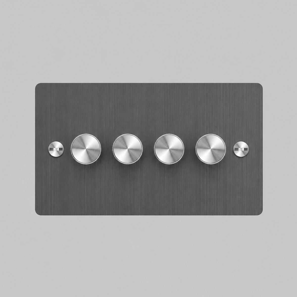 Four Gang 2 Way Dimmer Light Switch in Smoked Bronze with Steel Cross Cut Knurled Knobs