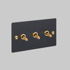 Three Gang 2 Way Light Switch in Black with Brass Cross Cut Knurled Toggles