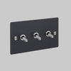 Three Gang 2 Way Light Switch in Black with Steel Cross Cut Knurled Toggles