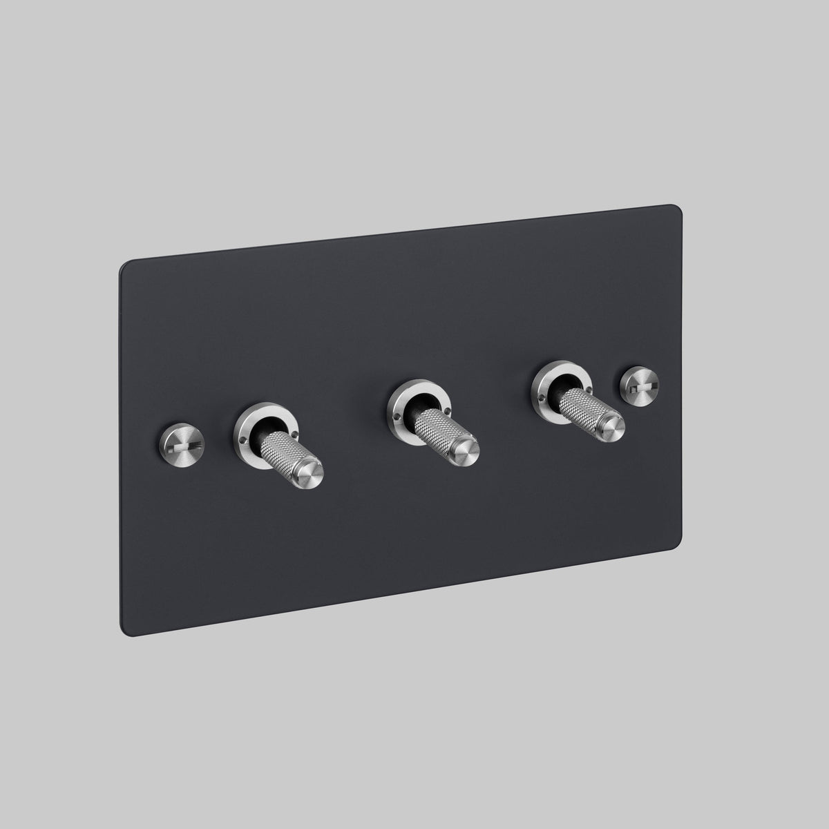 Three Gang 2 Way Light Switch in Black with Steel Cross Cut Knurled Toggles