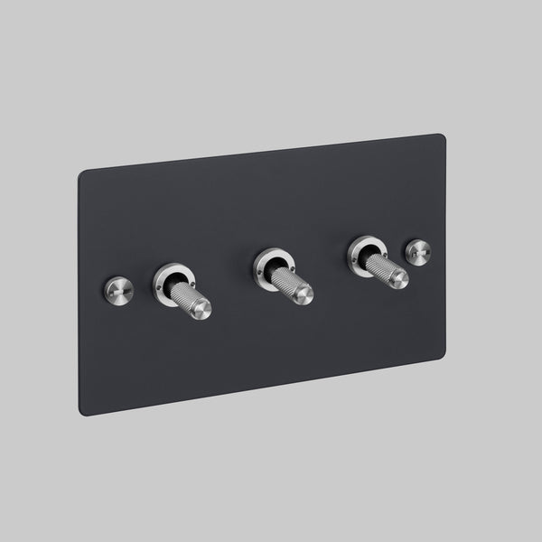 Three Gang 2 Way Light Switch in Black with Steel Cross Cut Knurled Toggles
