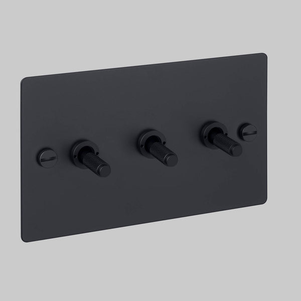 Three Gang 2 Way Light Switch in Black with Cross Cut Knurled Toggles