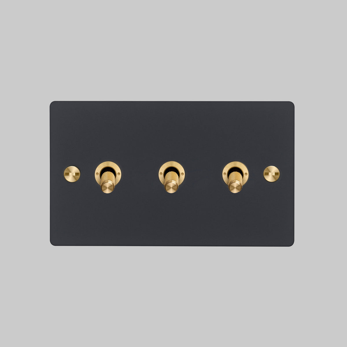Three Gang 2 Way Light Switch in Black with Brass Cross Cut Knurled Toggles