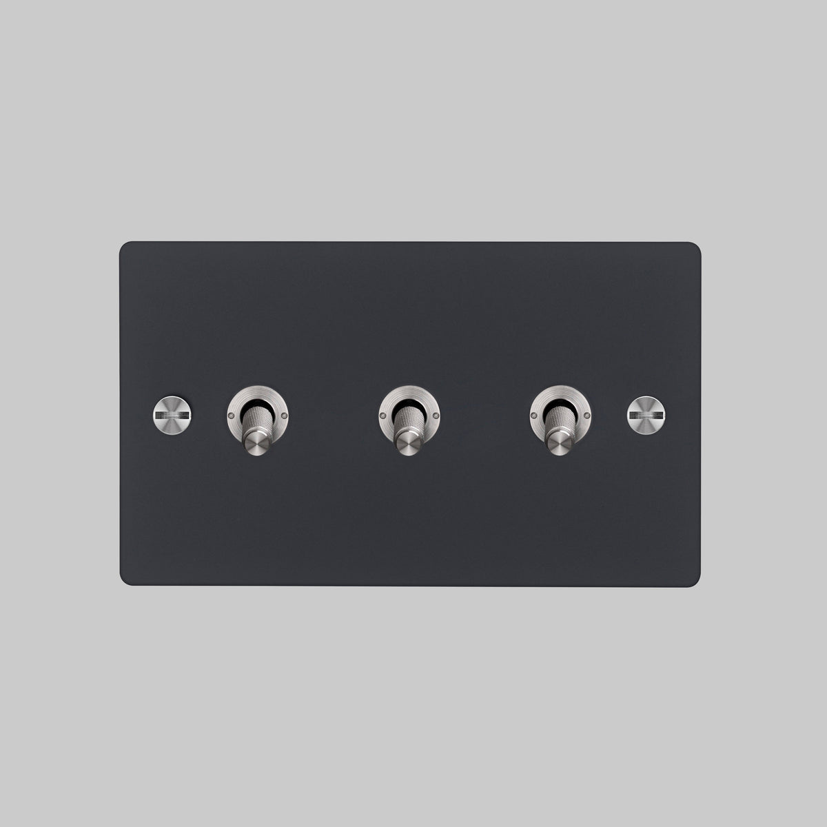 Three Gang 2 Way Light Switch in Black with Steel Cross Cut Knurled Toggles