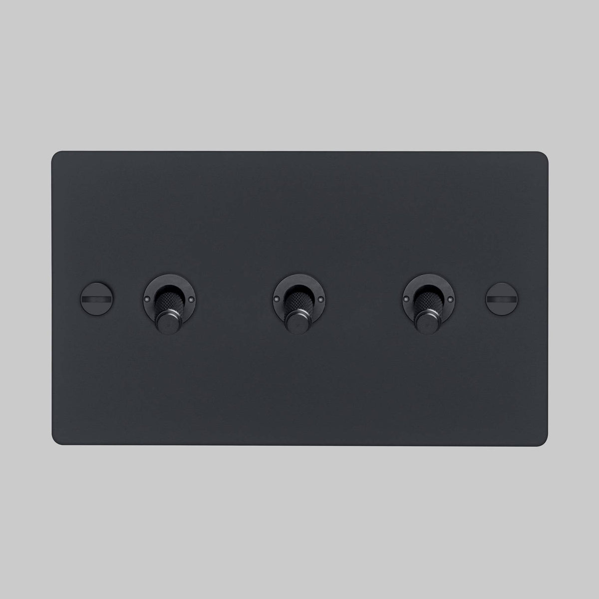 Three Gang 2 Way Light Switch in Black with Cross Cut Knurled Toggles