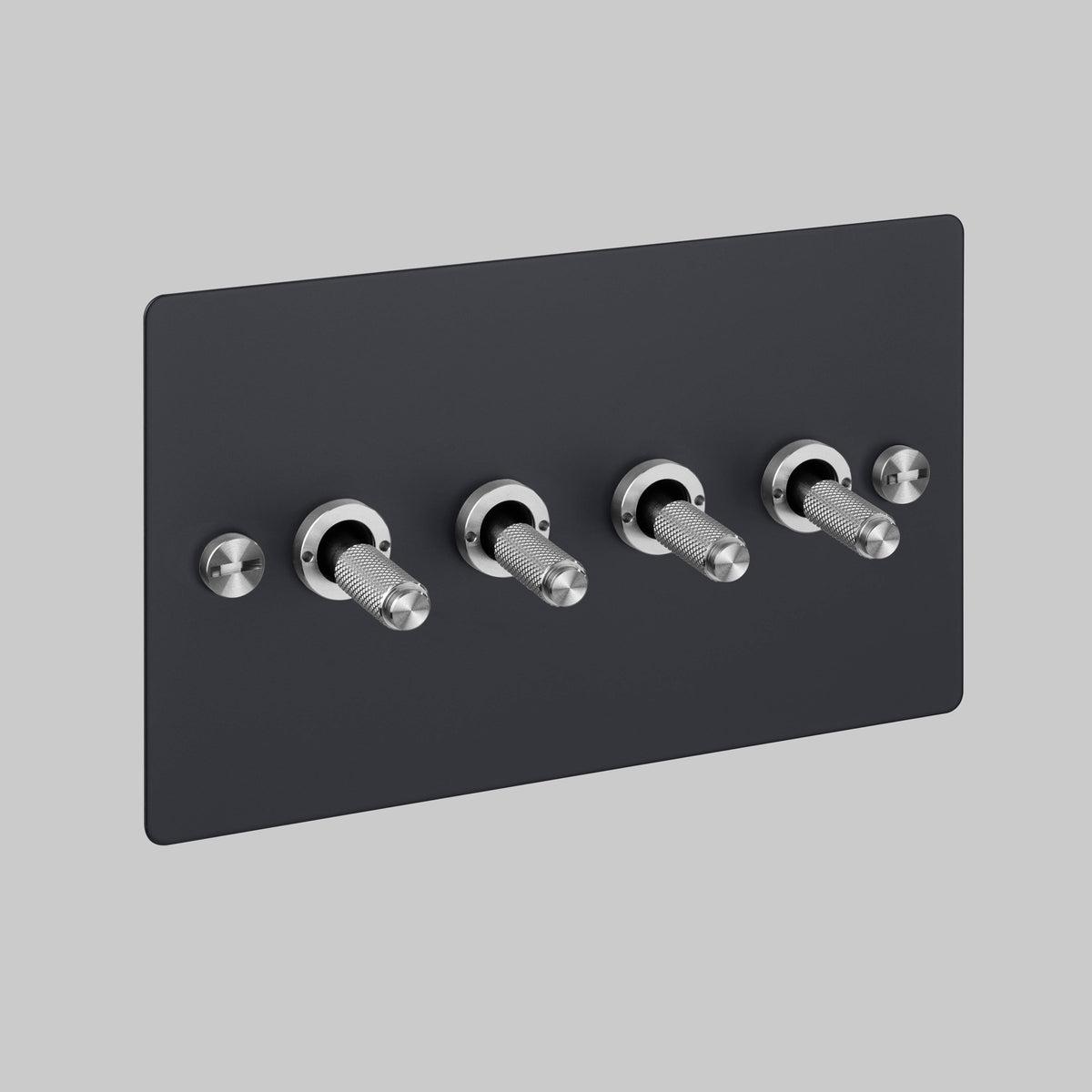 Four Gang 2 Way Light Switch in Black with Steel Cross Cut Knurled Toggles
